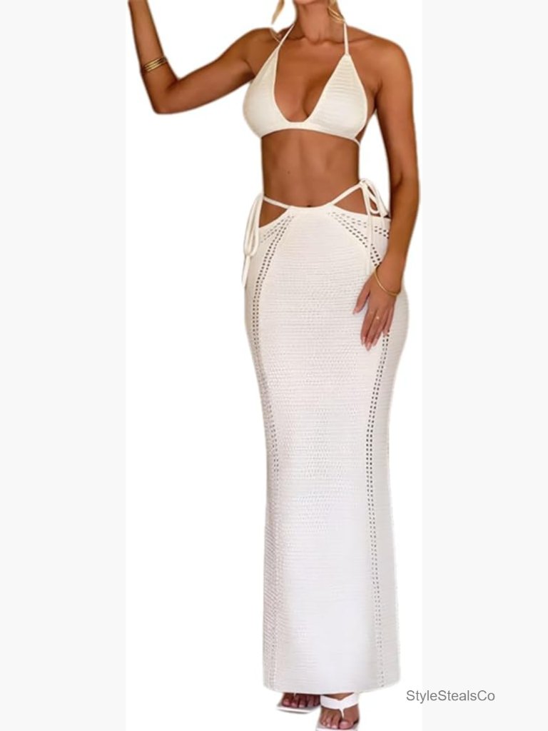 Backless Slim Knit 2 Piece Swim Cover Up Set